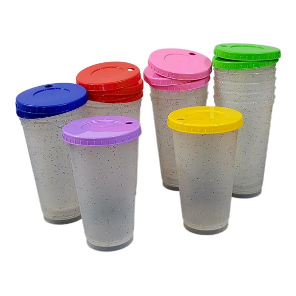 Vaso Plástico Glitter Con Tapa De Colores De 473 Ml